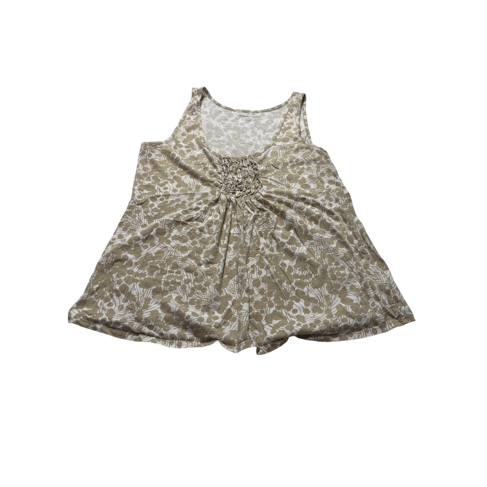 New York & Company Tan White Floral Smocked Cotton Tank Top Women L Sleeveless